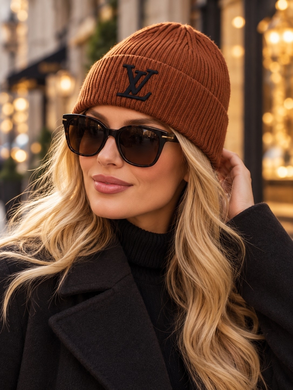 Ribbed Knit Beanie with Black LV Logo